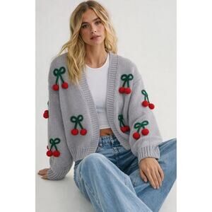 Luna and Ivy Purple Knit Crewneck Sweater Open Front Preppy Cherry Details